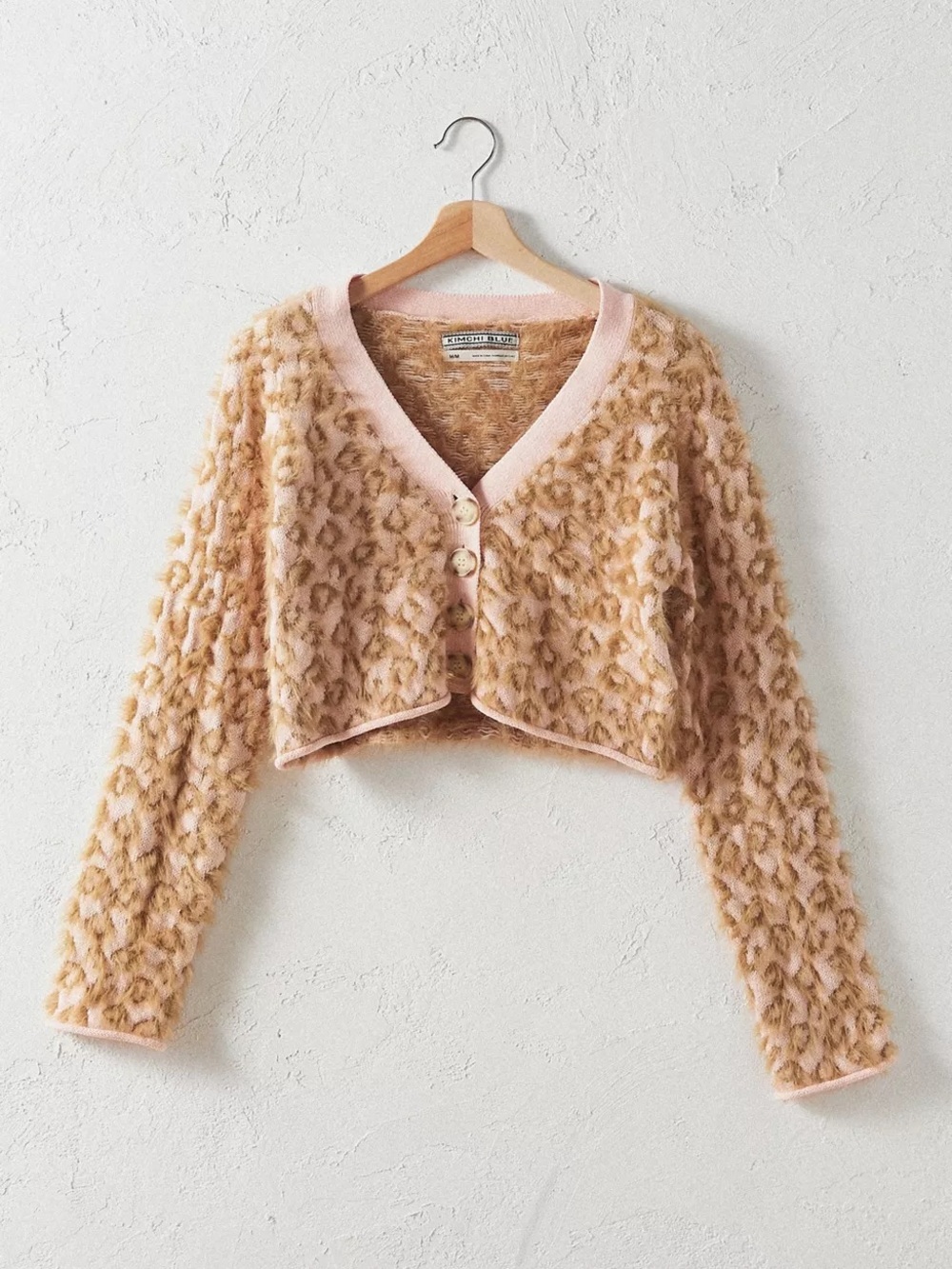 Kimchi Blue Pink and Tan Leopard-Print Fuzzy Cropped Cardigan